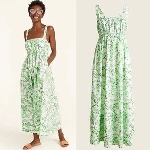 J. Crew Gathered Bust Maxi Dress Lime Green Cherry Blossom Print Peasant US 10